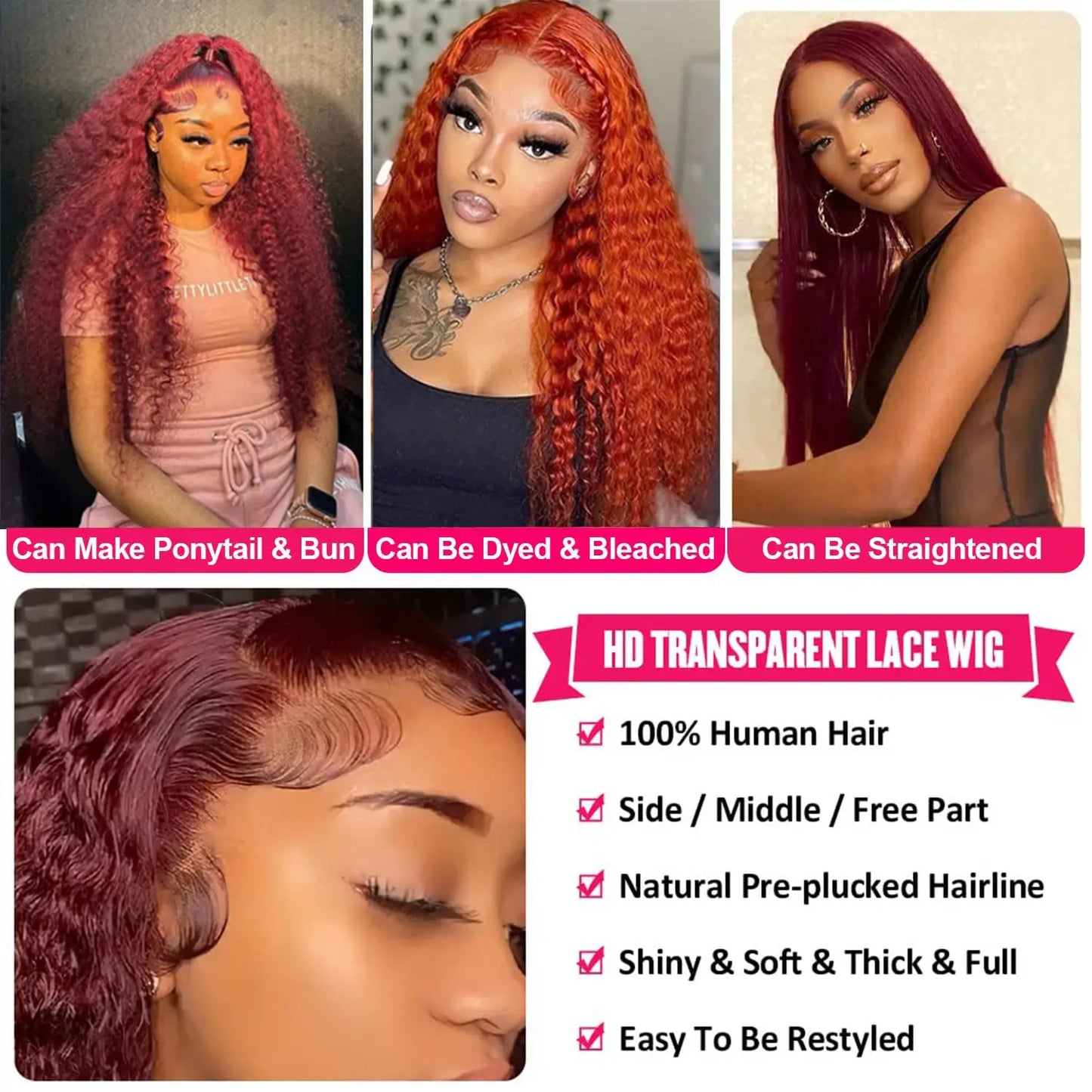 Burgundy Glue less Lace Front Wigs Human Hair Deep Wave