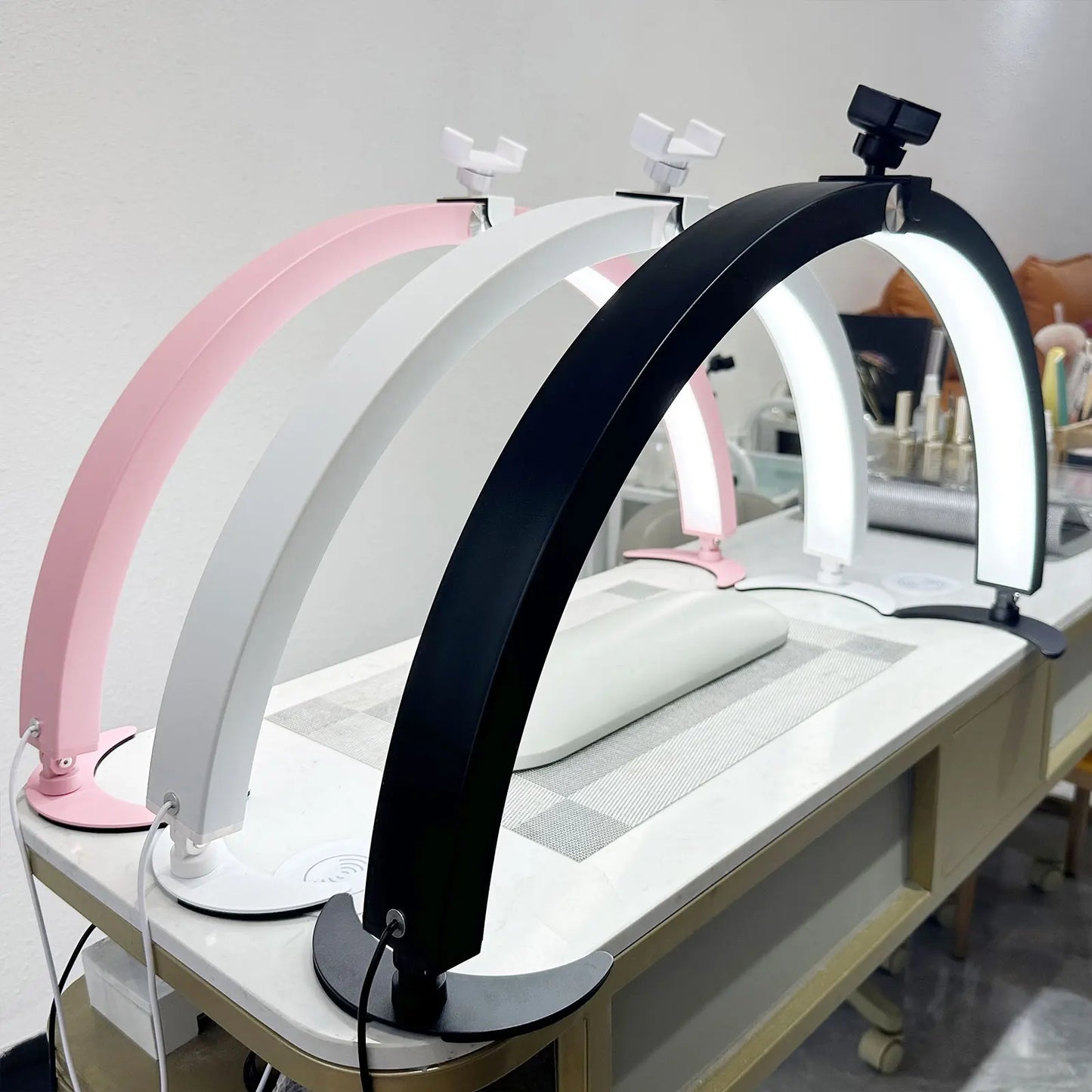 Nail table with mobile phone holder half moon light