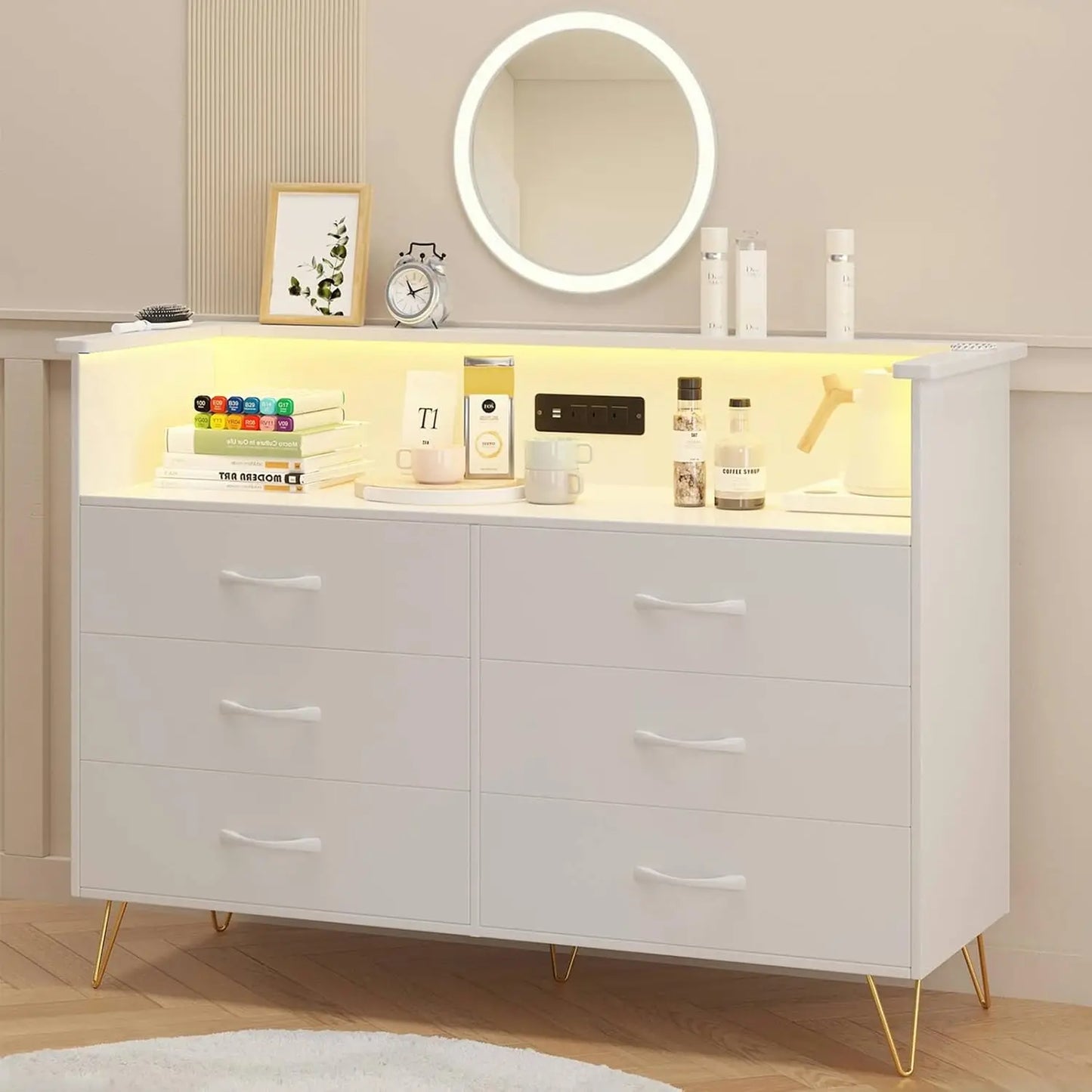 LED Light 6 Drawer for Bedroom with Charging Station