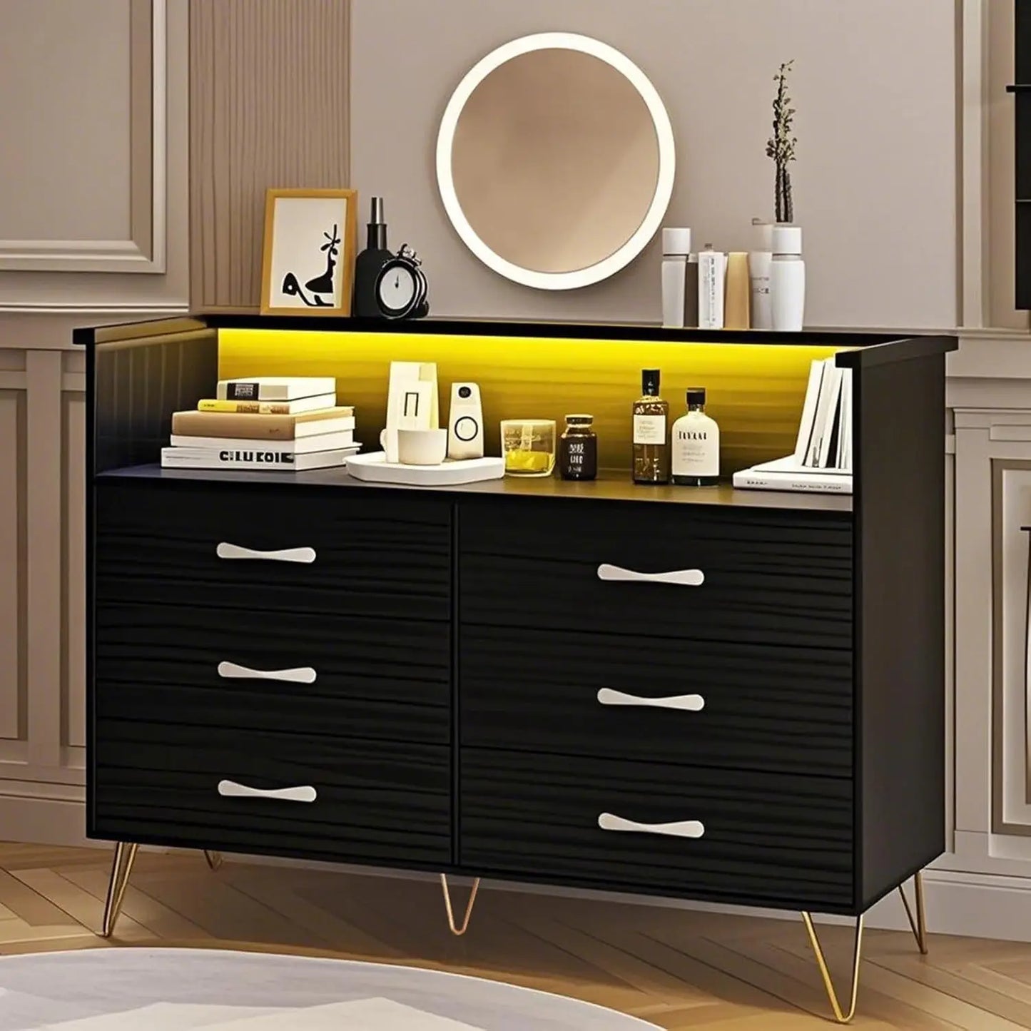 LED Light 6 Drawer for Bedroom with Charging Station