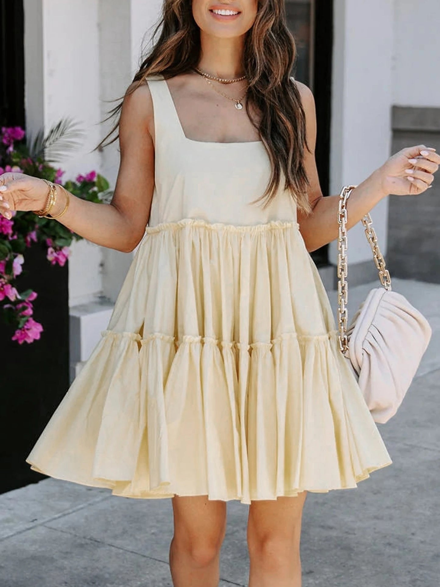 Women s Sleeveless V-Neck Floral Print Ruffle Hem Mini Dress