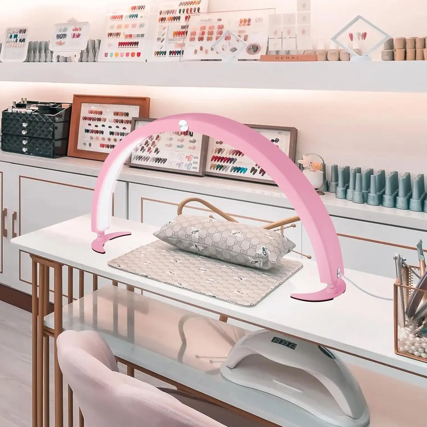 Nail table with mobile phone holder half moon light