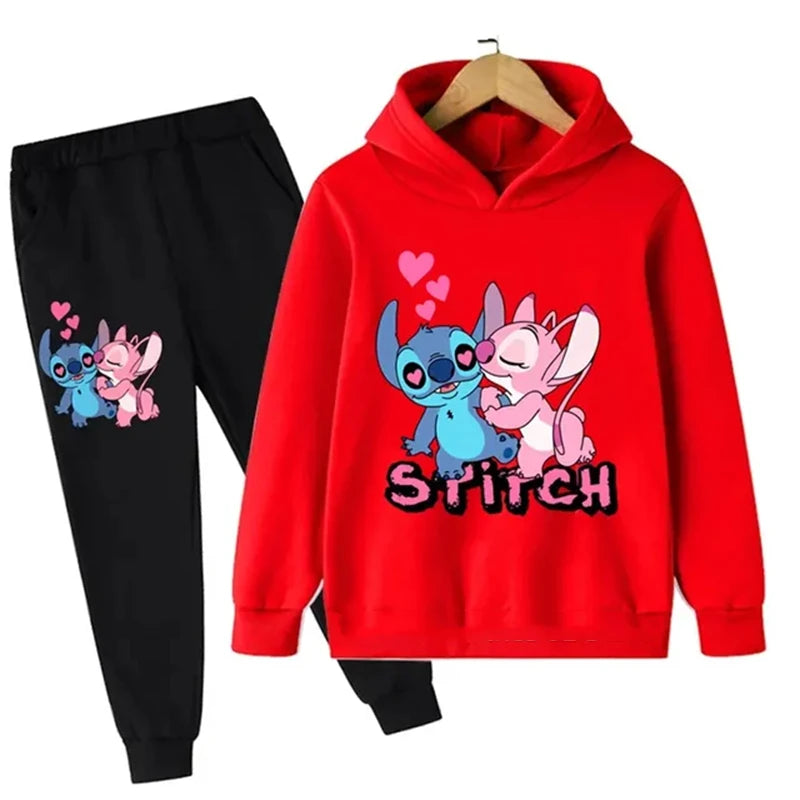 Cute Stitch Print Hooded Sweatshirt Suit