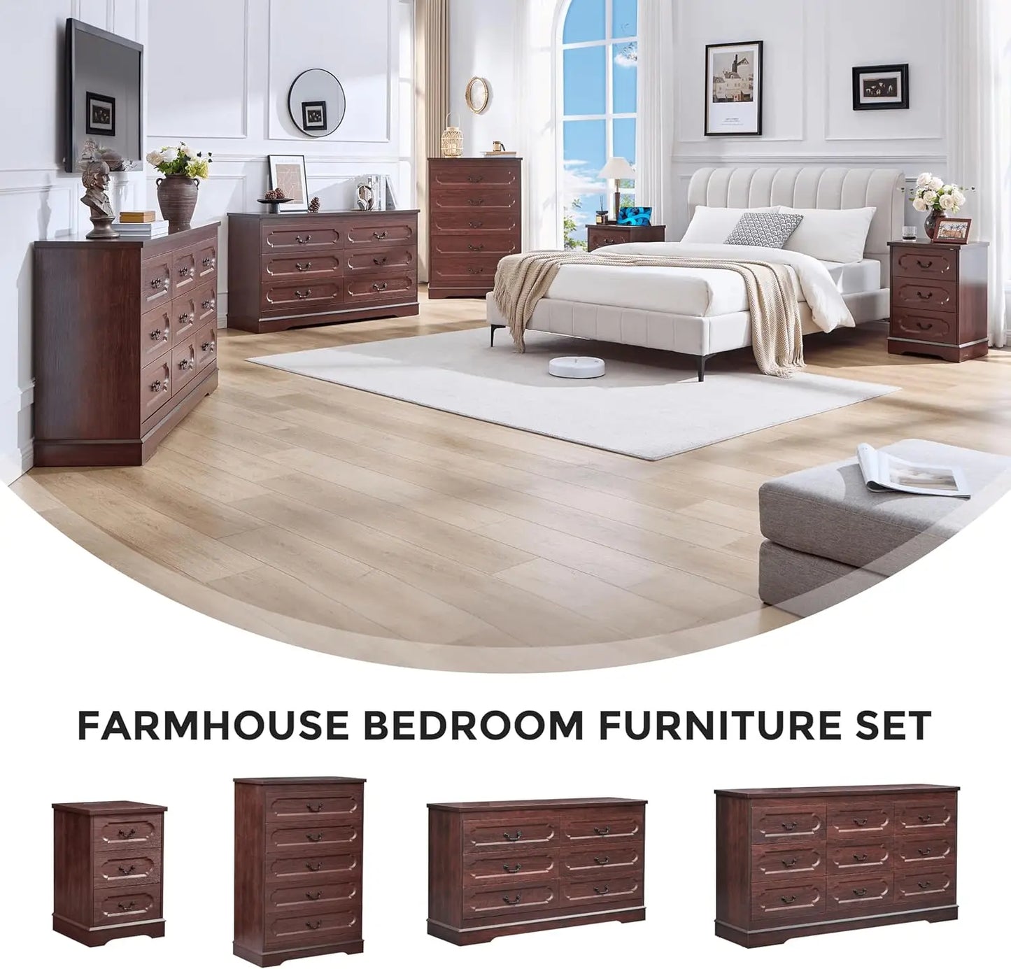 5 Drawer Dresser for Bedroom Farmhouse Cherry Wood Chest of Drawers for Bedroom Dresser, Rustic Wide Drawers Dressers