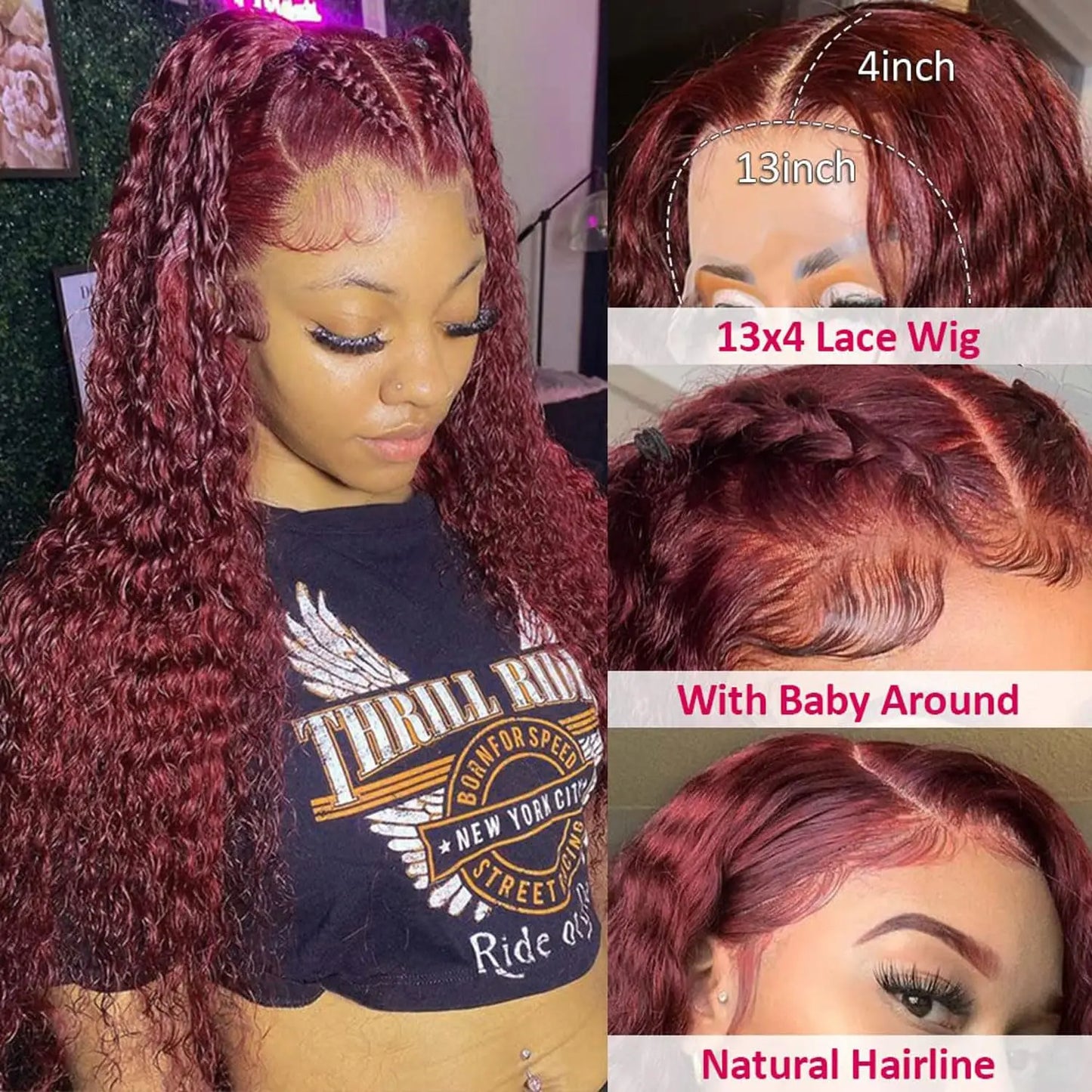 Burgundy Glue less Lace Front Wigs Human Hair Deep Wave
