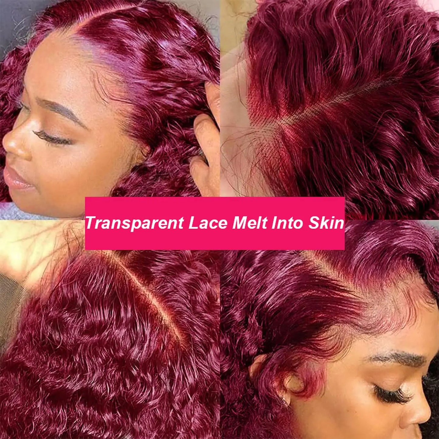 Burgundy Glue less Lace Front Wigs Human Hair Deep Wave