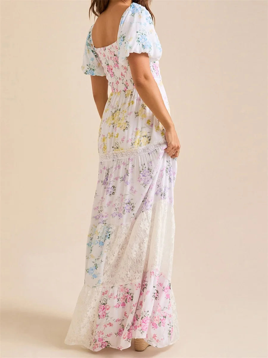 Elegant Floral Print Short Sleeve A-Line Dress