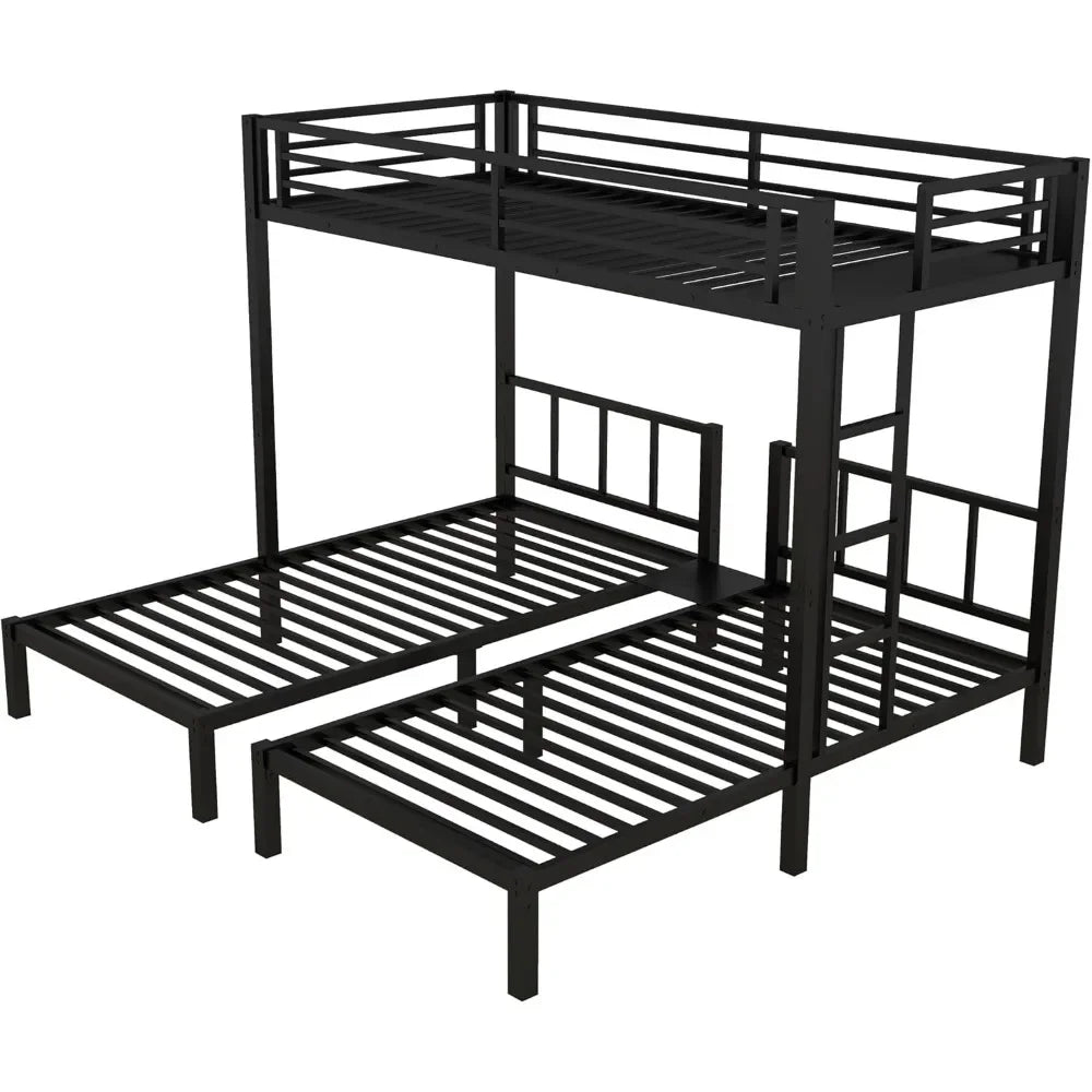 Heavy Duty Triple Bunk Bed with Guardrails and Ladder