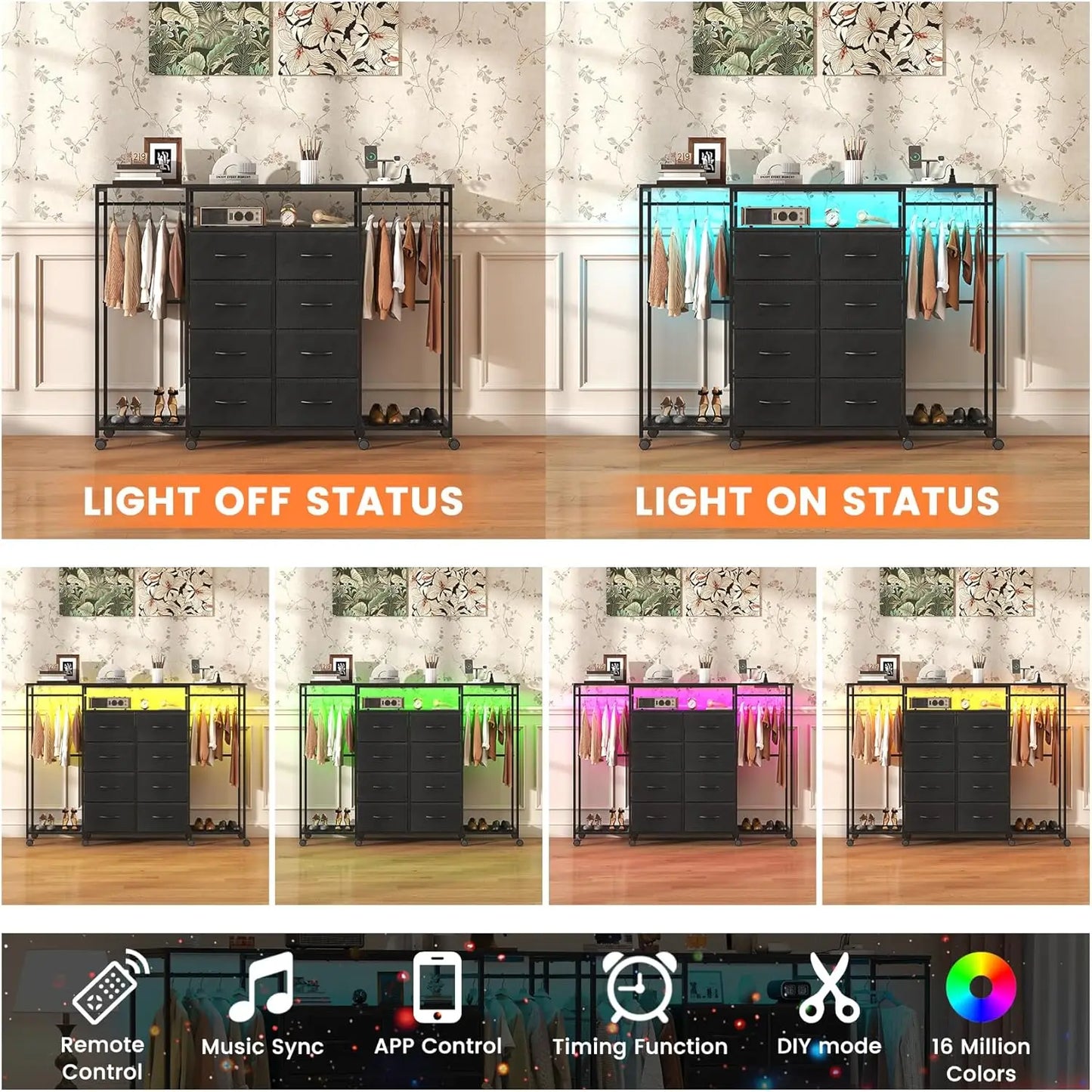 8 Drawer Dresser with LED Lights & Charging Station