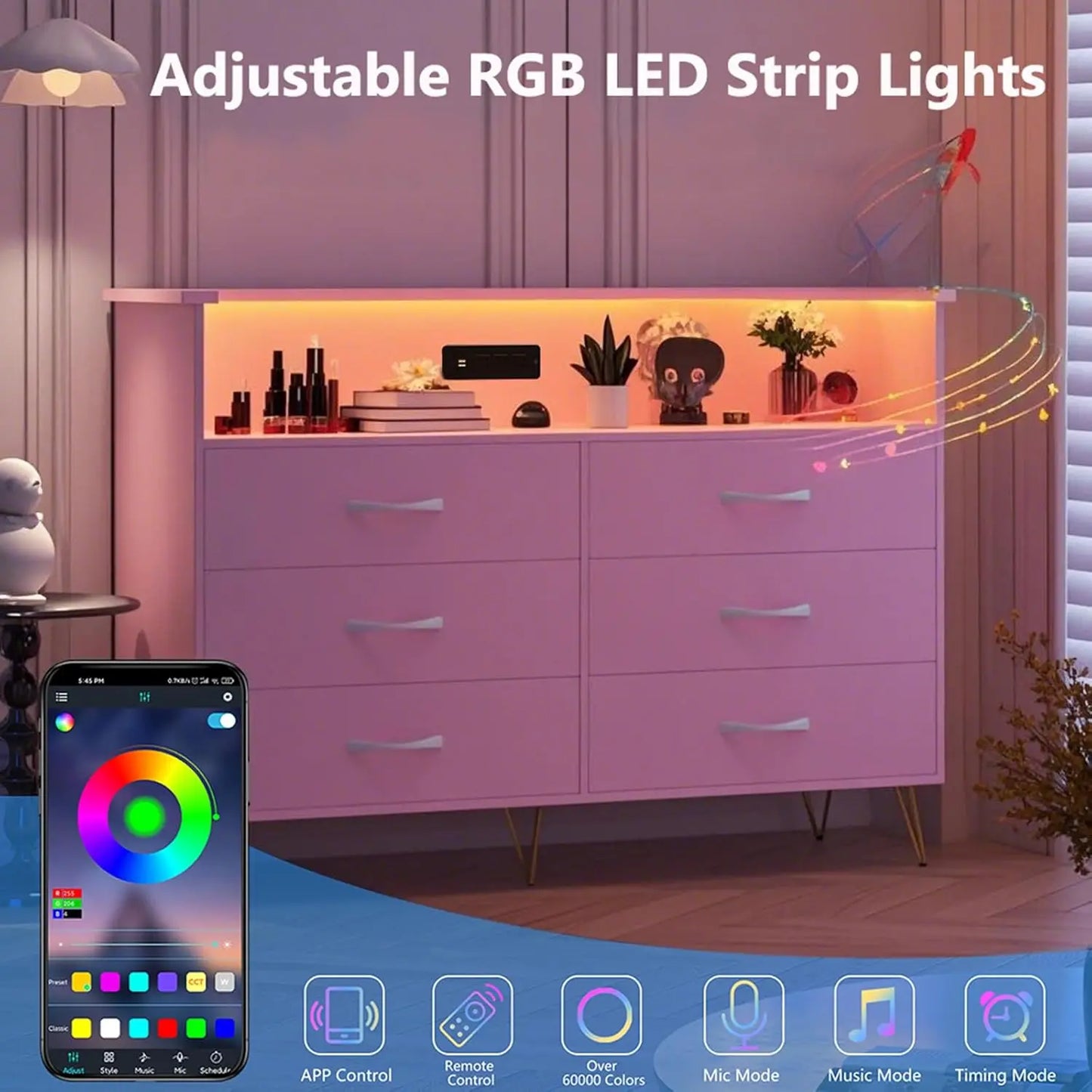 LED Light 6 Drawer for Bedroom with Charging Station