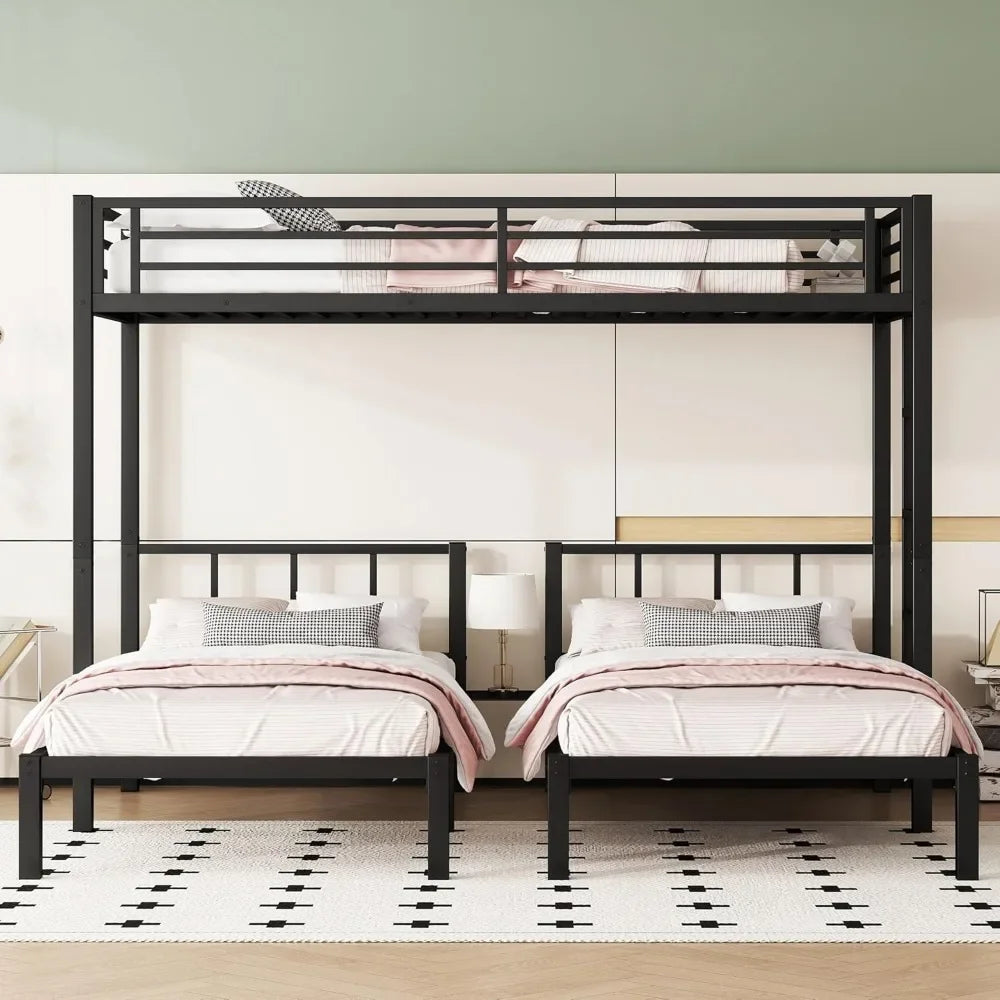 Heavy Duty Triple Bunk Bed with Guardrails and Ladder