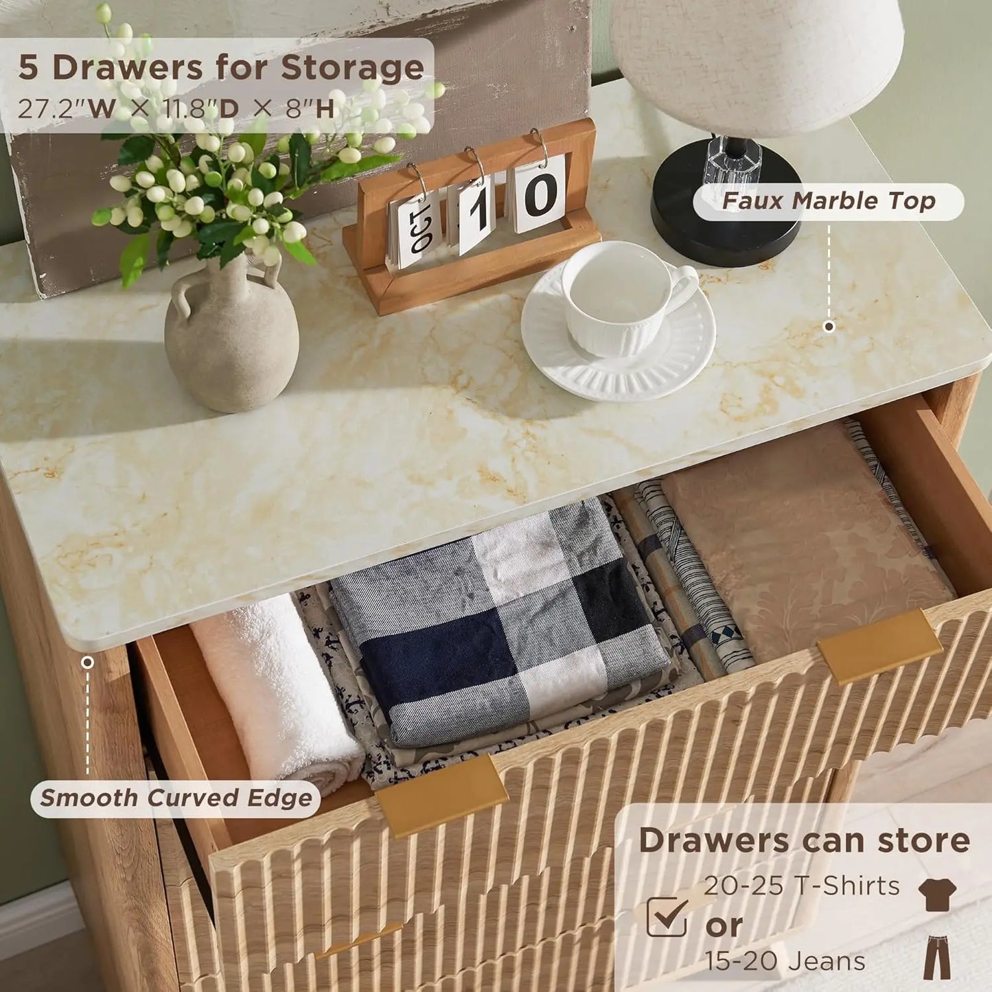 Fluted 5 Drawers Dresser