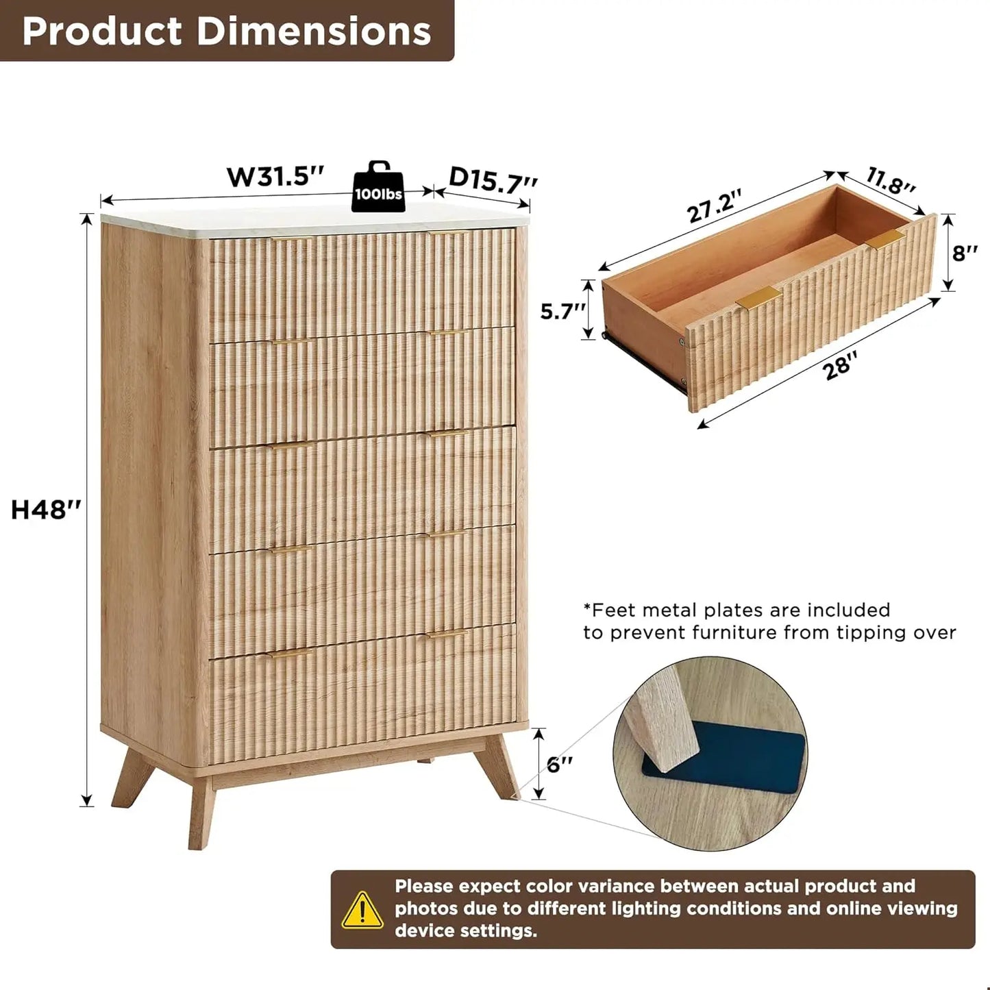 Fluted 5 Drawers Dresser