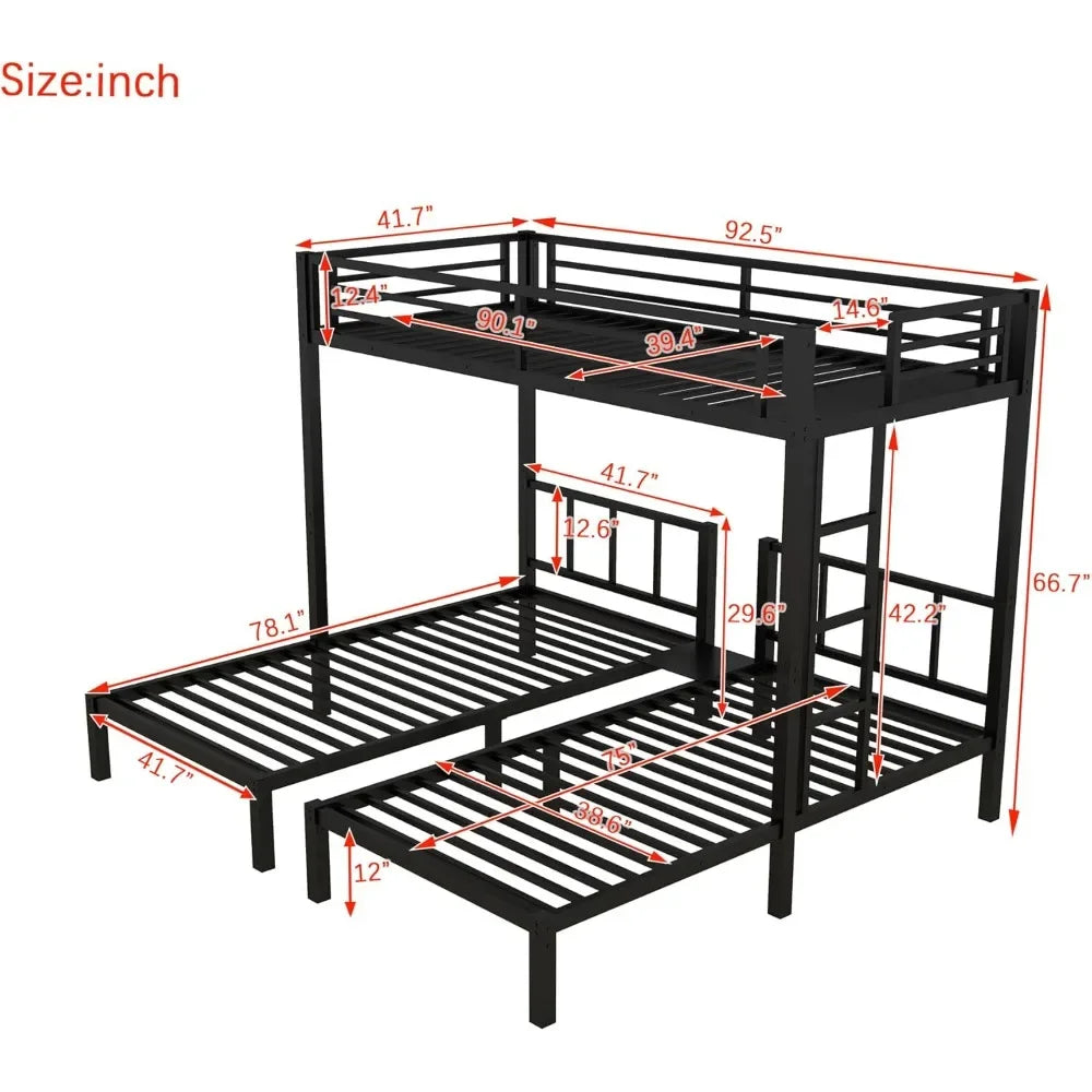 Heavy Duty Triple Bunk Bed with Guardrails and Ladder