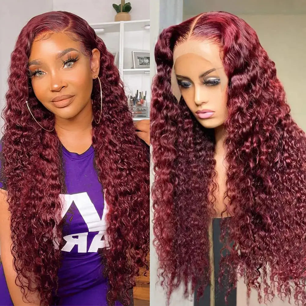 Burgundy Glue less Lace Front Wigs Human Hair Deep Wave