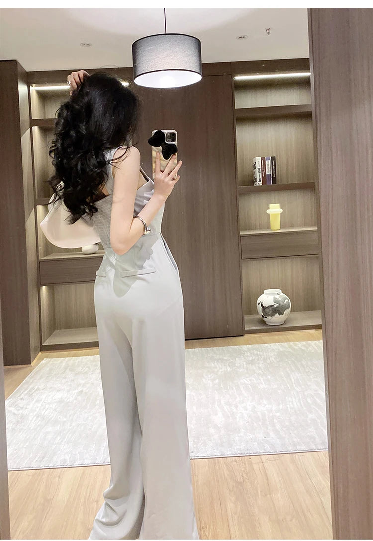 Women's Spaghetti Strap Solid Wide Leg Pants Jumpsuit
