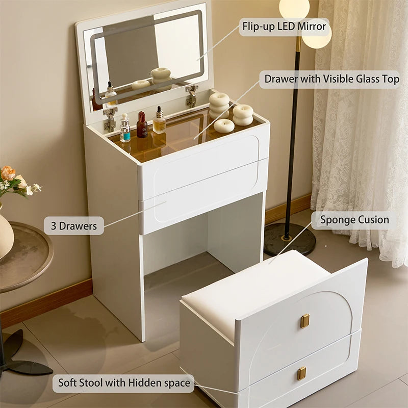 3-in-1 Dresser with Flip-Up Mirror and Light with Storage Bench