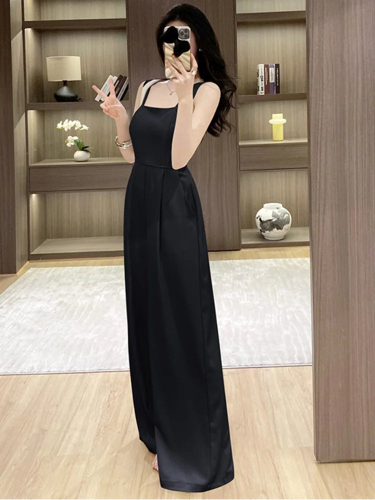 Women's Spaghetti Strap Solid Wide Leg Pants Jumpsuit
