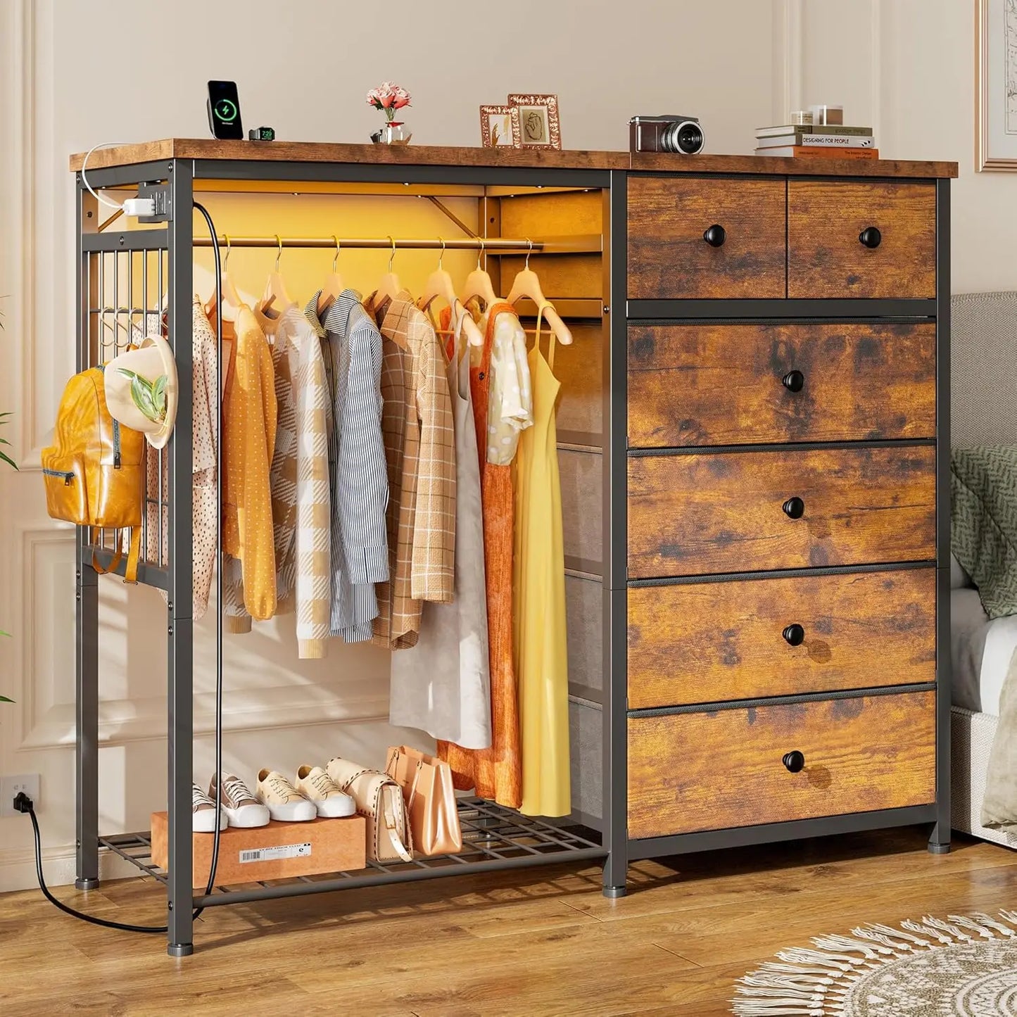 49.2" W White Dresser for Bedroom with Hanging Rack
