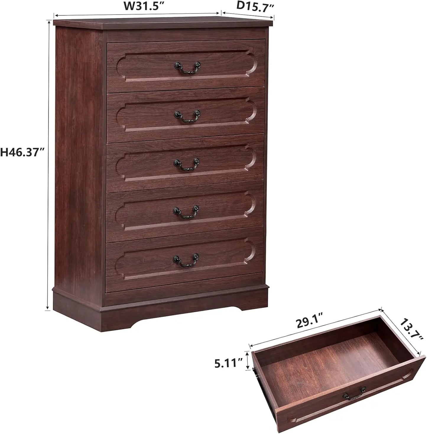 5 Drawer Dresser for Bedroom Farmhouse Cherry Wood Chest of Drawers for Bedroom Dresser, Rustic Wide Drawers Dressers