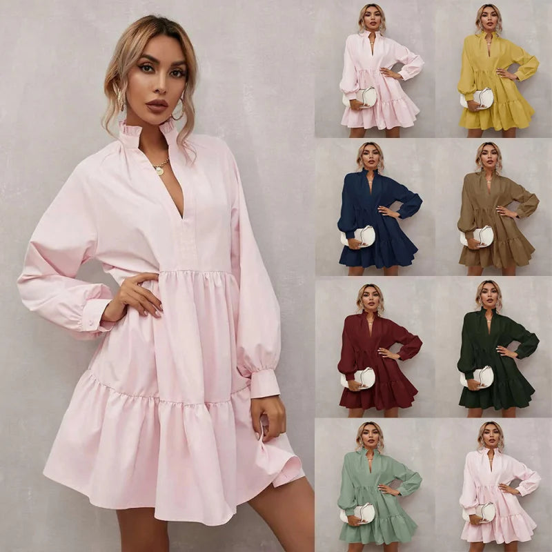 2025 European and American Hot-Selling Spring and Autumn New Women's Pleated Skirt Solid Color Long Sleeve Dress