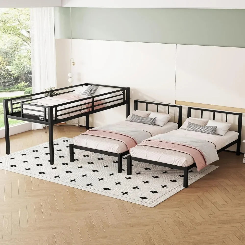 Heavy Duty Triple Bunk Bed with Guardrails and Ladder