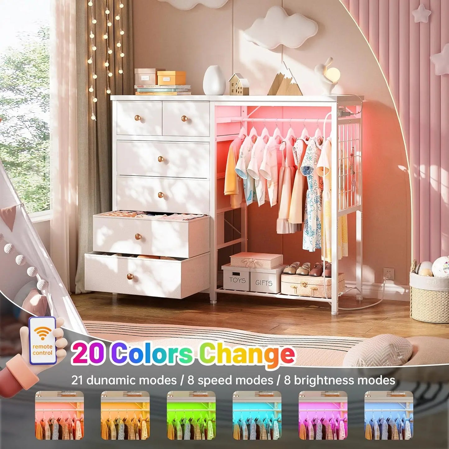 49.2" W White Dresser for Bedroom with Hanging Rack