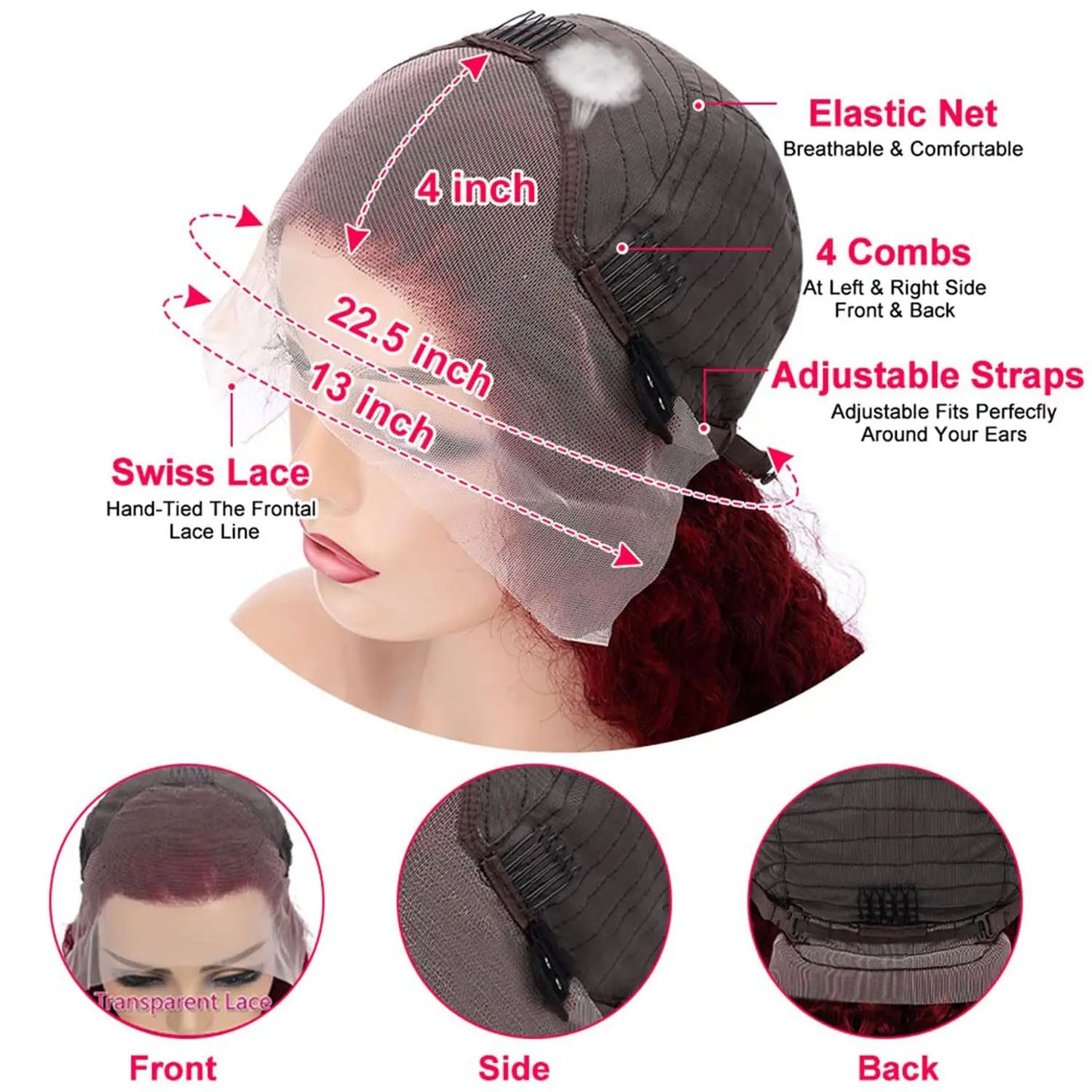 Burgundy Glue less Lace Front Wigs Human Hair Deep Wave