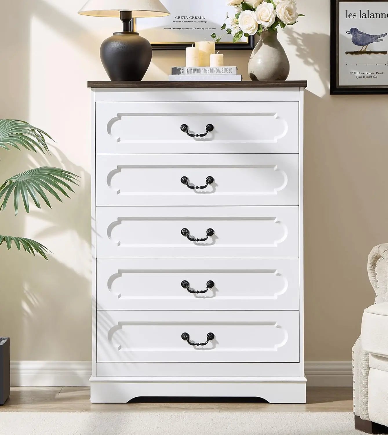 5 Drawer Dresser for Bedroom Farmhouse Cherry Wood Chest of Drawers for Bedroom Dresser, Rustic Wide Drawers Dressers