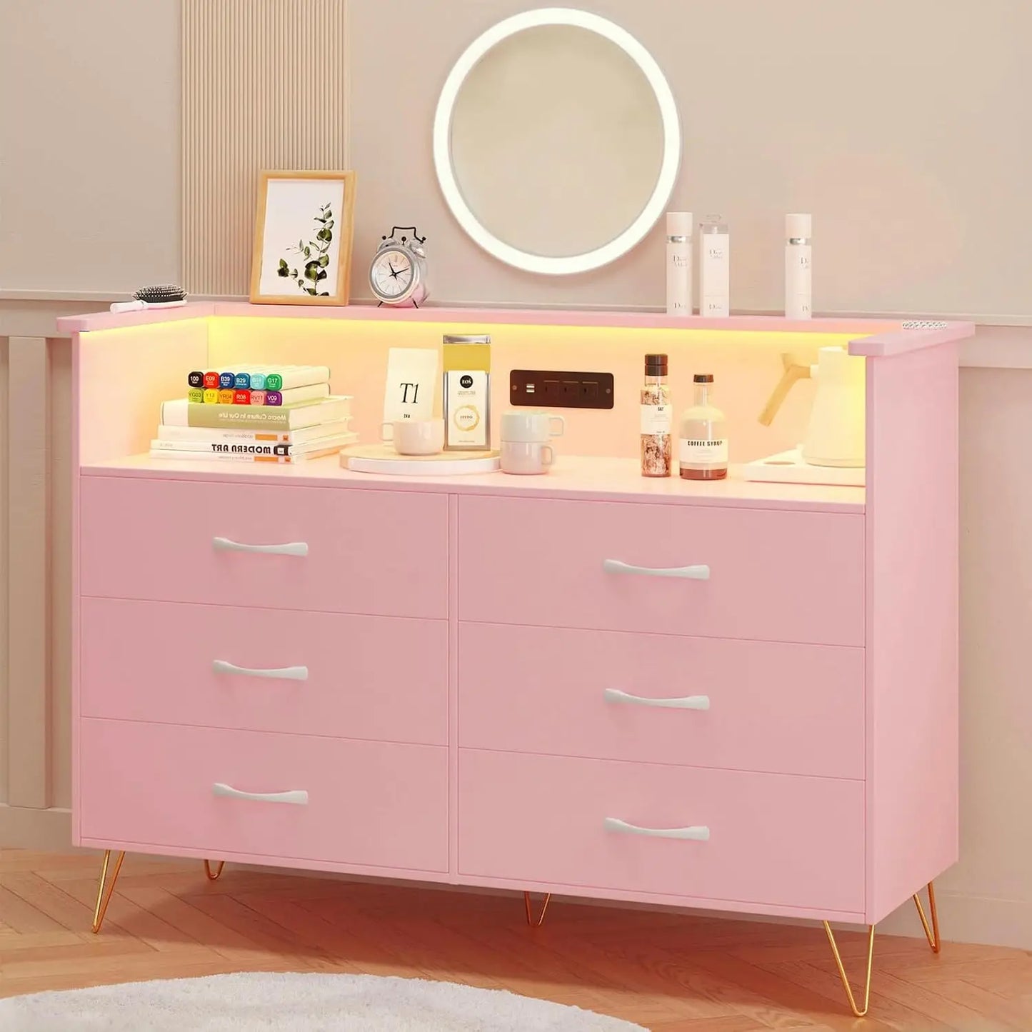 LED Light 6 Drawer for Bedroom with Charging Station