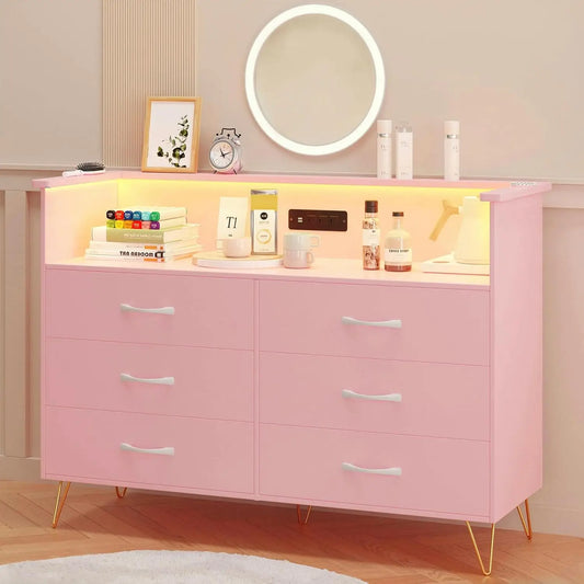 LED Light 6 Drawer for Bedroom with Charging Station