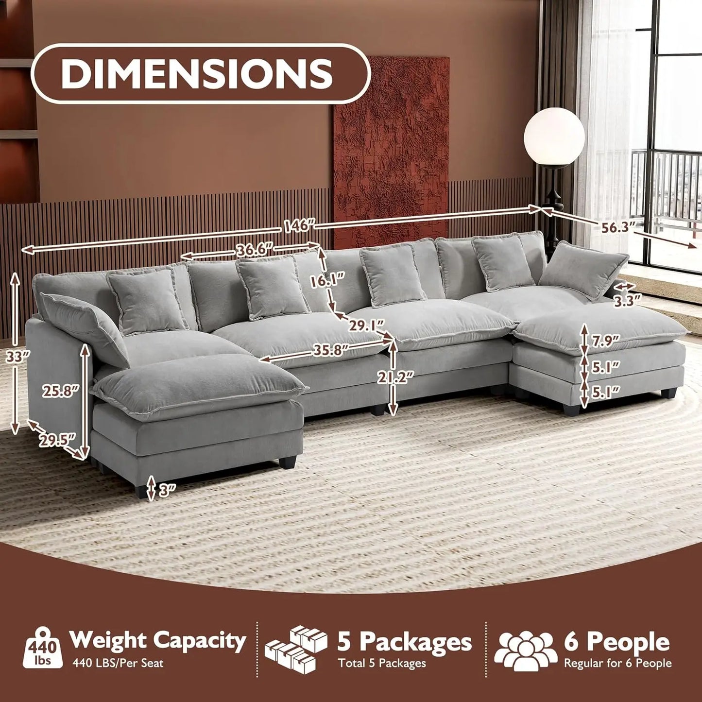 Modular Sectional Cloud Couch with 2 Ottoman