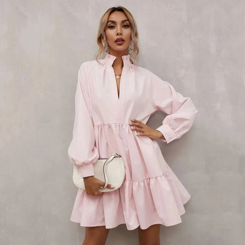 2025 European and American Hot-Selling Spring and Autumn New Women's Pleated Skirt Solid Color Long Sleeve Dress