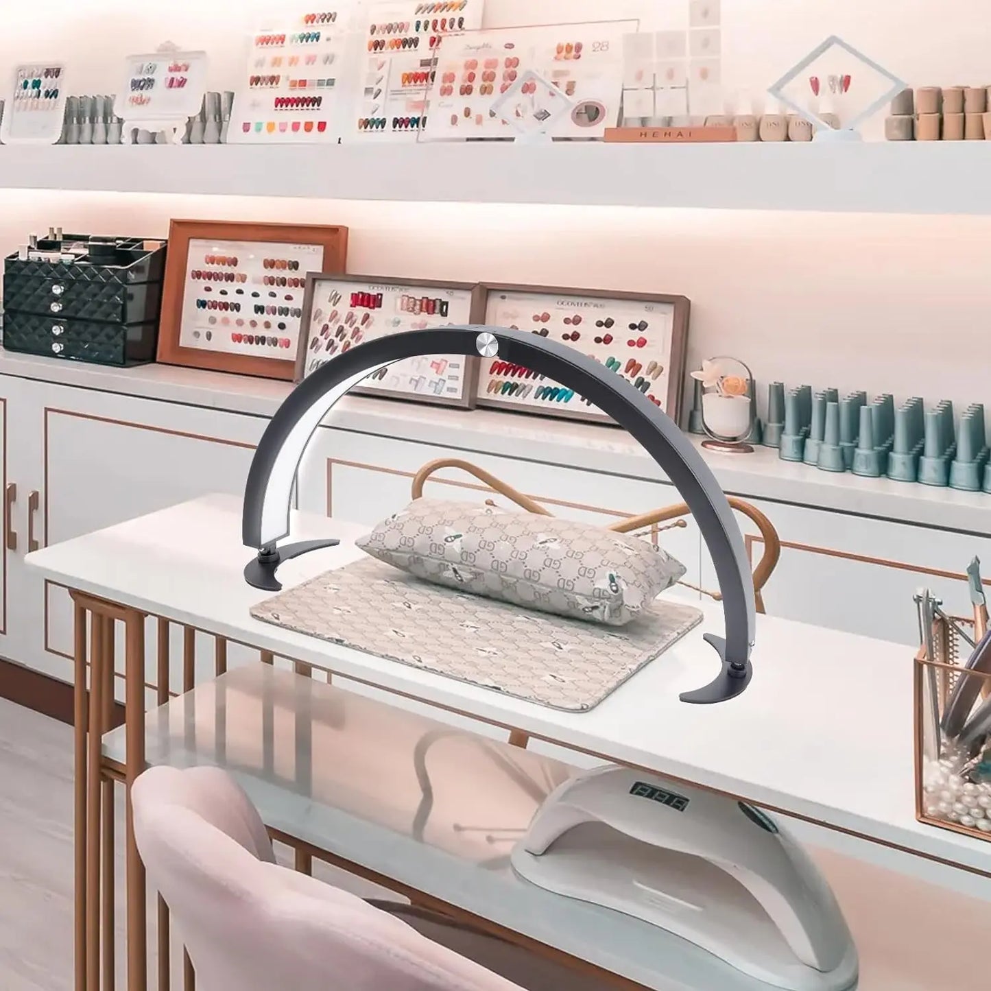 Nail table with mobile phone holder half moon light
