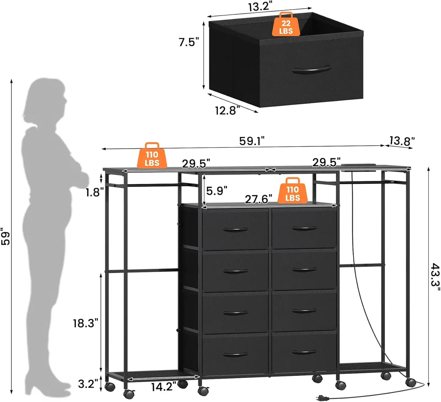 8 Drawer Dresser with LED Lights & Charging Station
