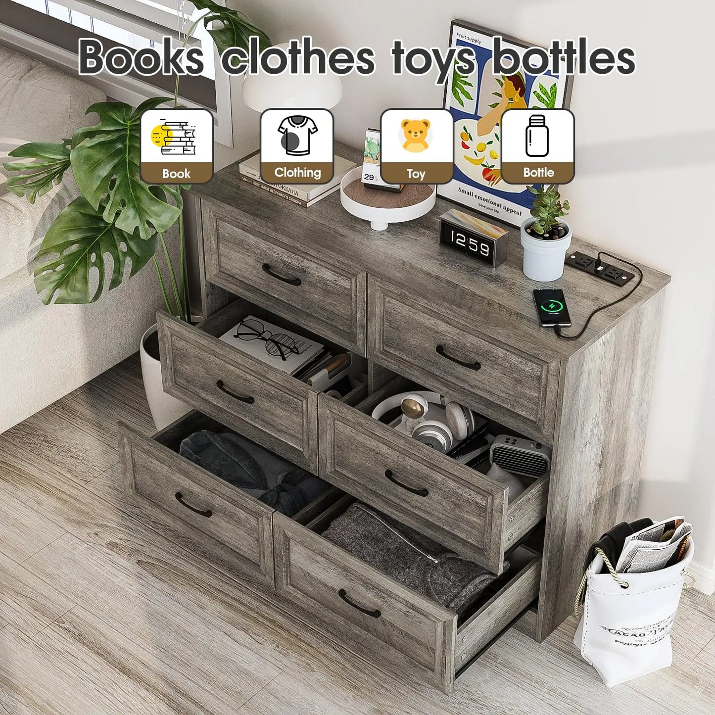 6 Drawer Dresser for Bedroom with Power Strip