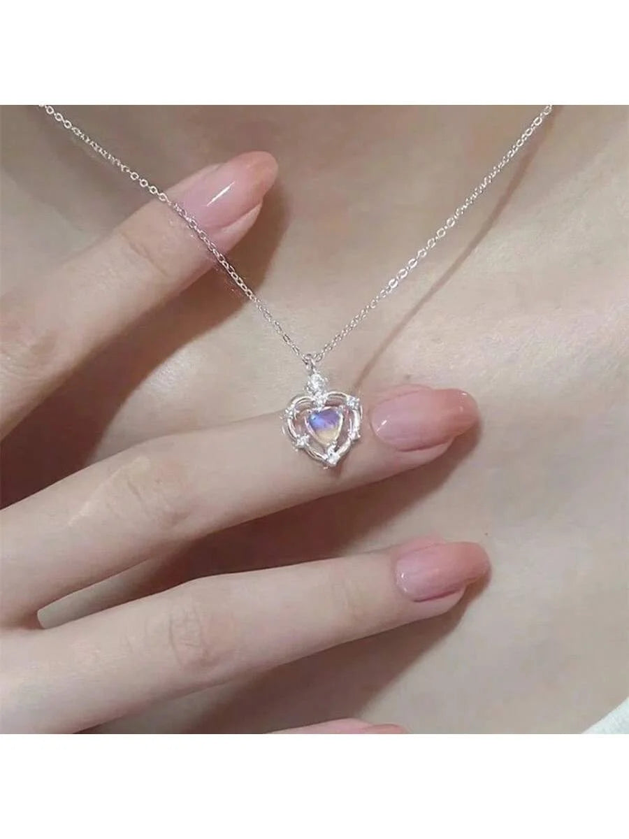Opal & CZ Heart Pendant Necklaces