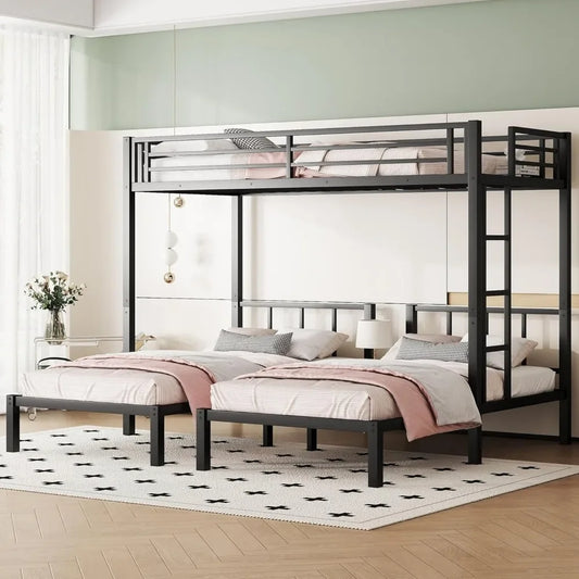 Heavy Duty Triple Bunk Bed with Guardrails and Ladder