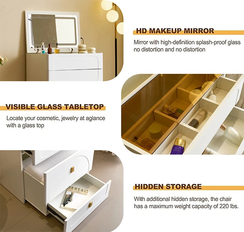 3-in-1 Dresser with Flip-Up Mirror and Light with Storage Bench