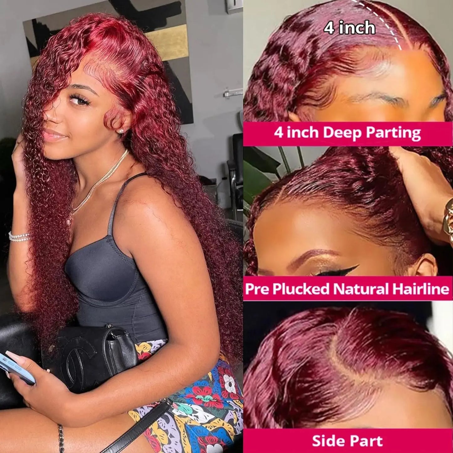 Burgundy Glue less Lace Front Wigs Human Hair Deep Wave