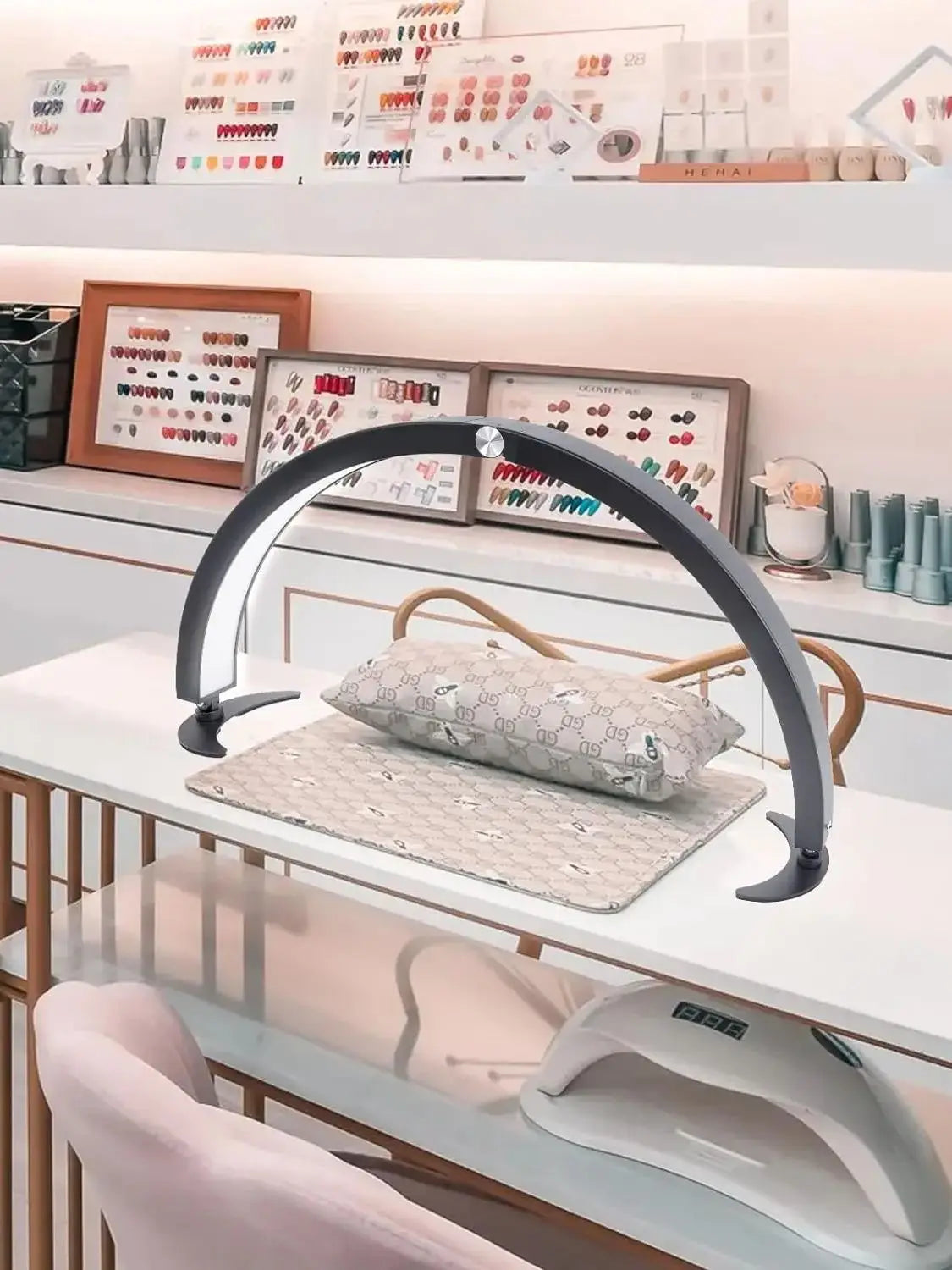 Nail table with mobile phone holder half moon light