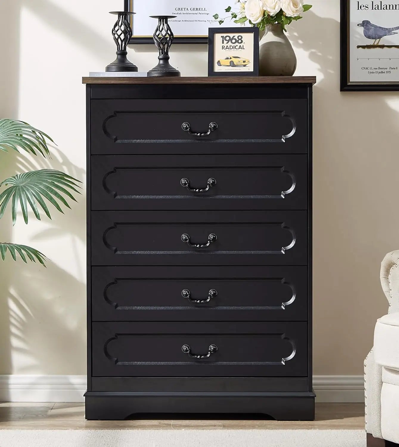 5 Drawer Dresser for Bedroom Farmhouse Cherry Wood Chest of Drawers for Bedroom Dresser, Rustic Wide Drawers Dressers