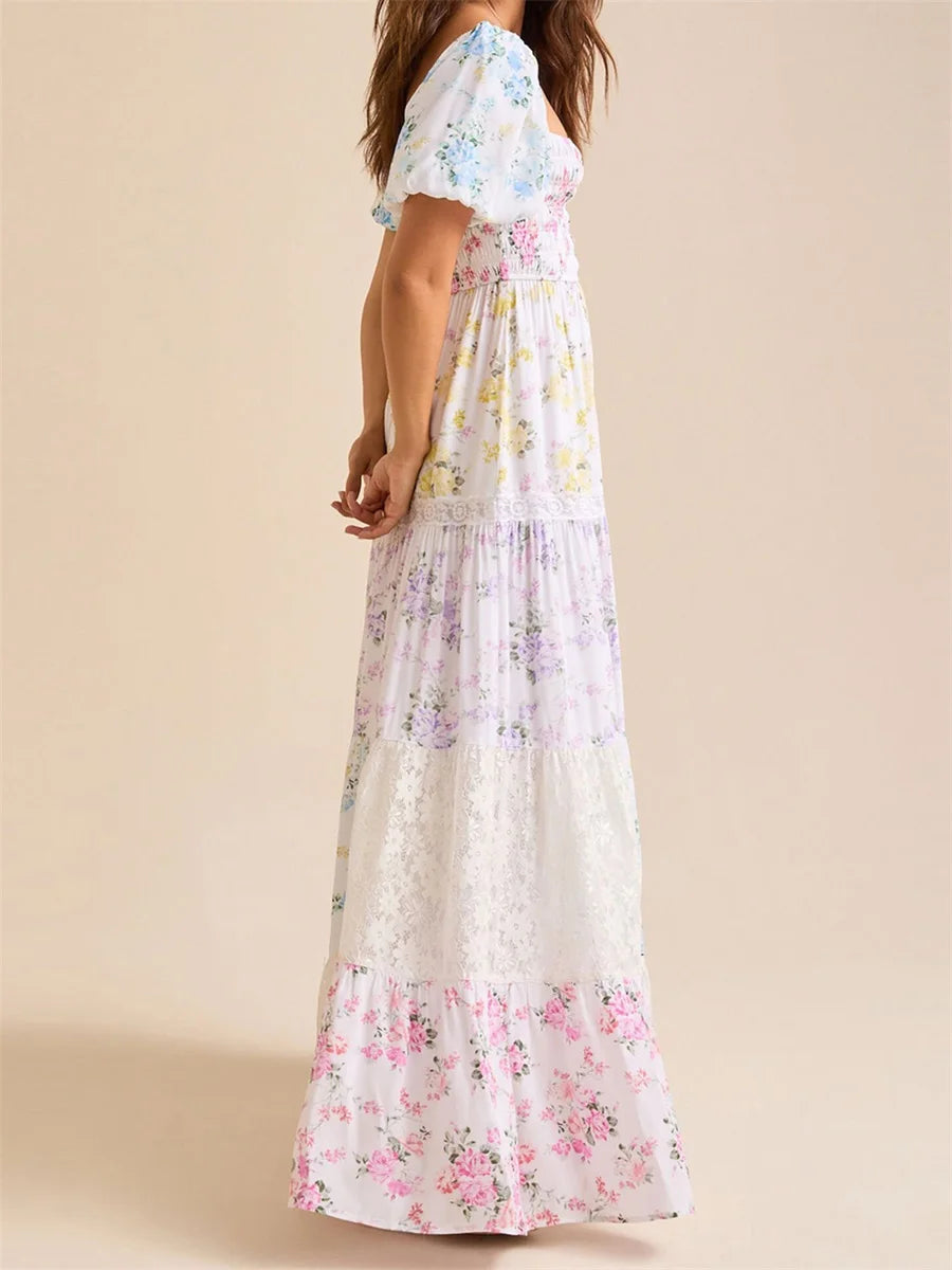 Elegant Floral Print Short Sleeve A-Line Dress