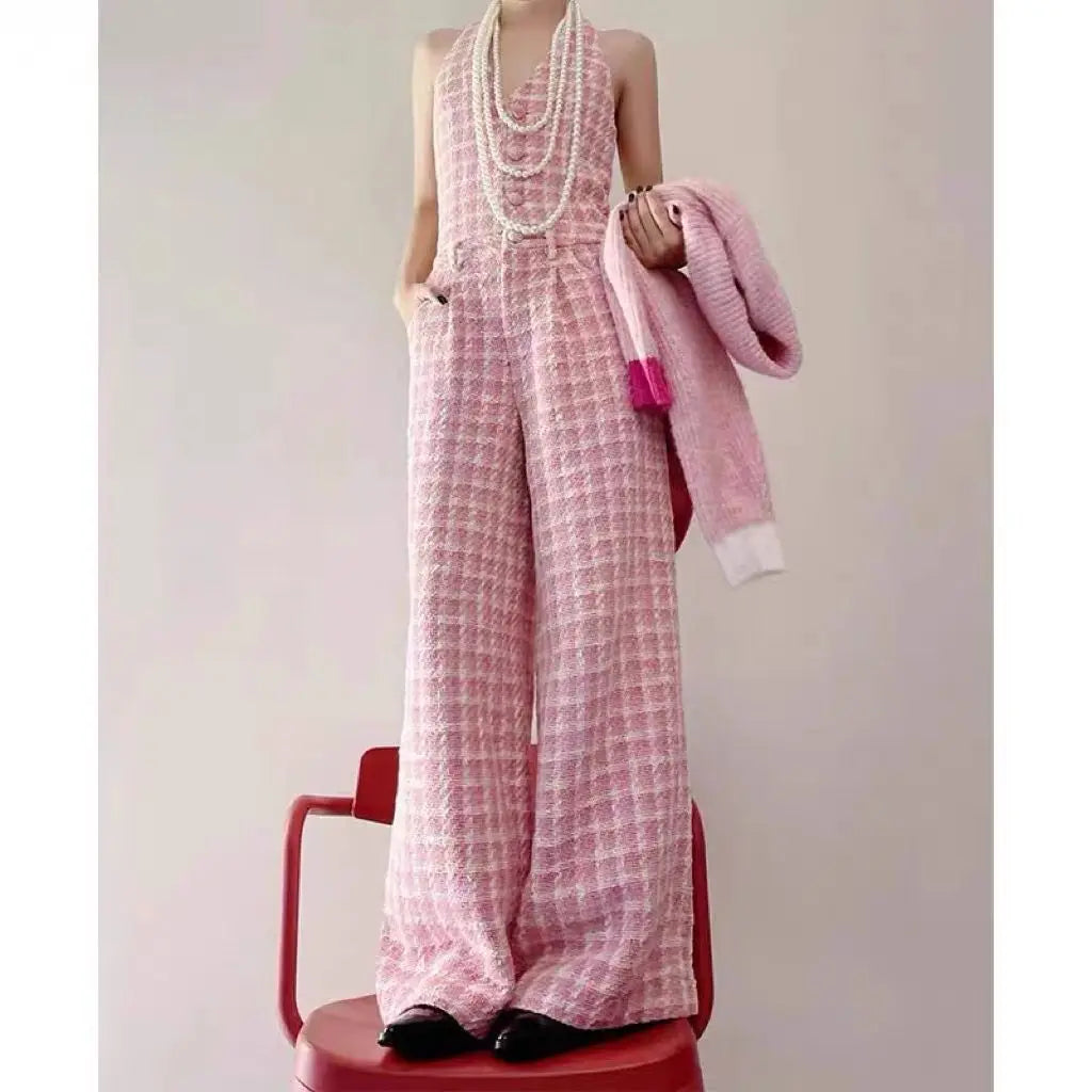 Weaving High Waist Loose Straight Leg Jumpsuit Pant Elegant Women Fall korean cloth overalls romper  one piece outfit 2024