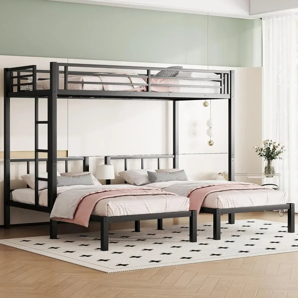 Heavy Duty Triple Bunk Bed with Guardrails and Ladder