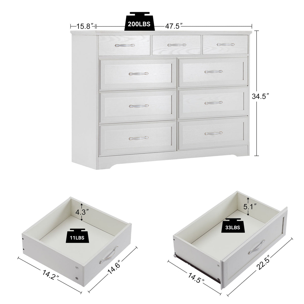 Bedroom dresser 9 drawer long dresser with antique handles wood chest of drawers for kids room 47.56''W x 15.75''D x 34.45''H