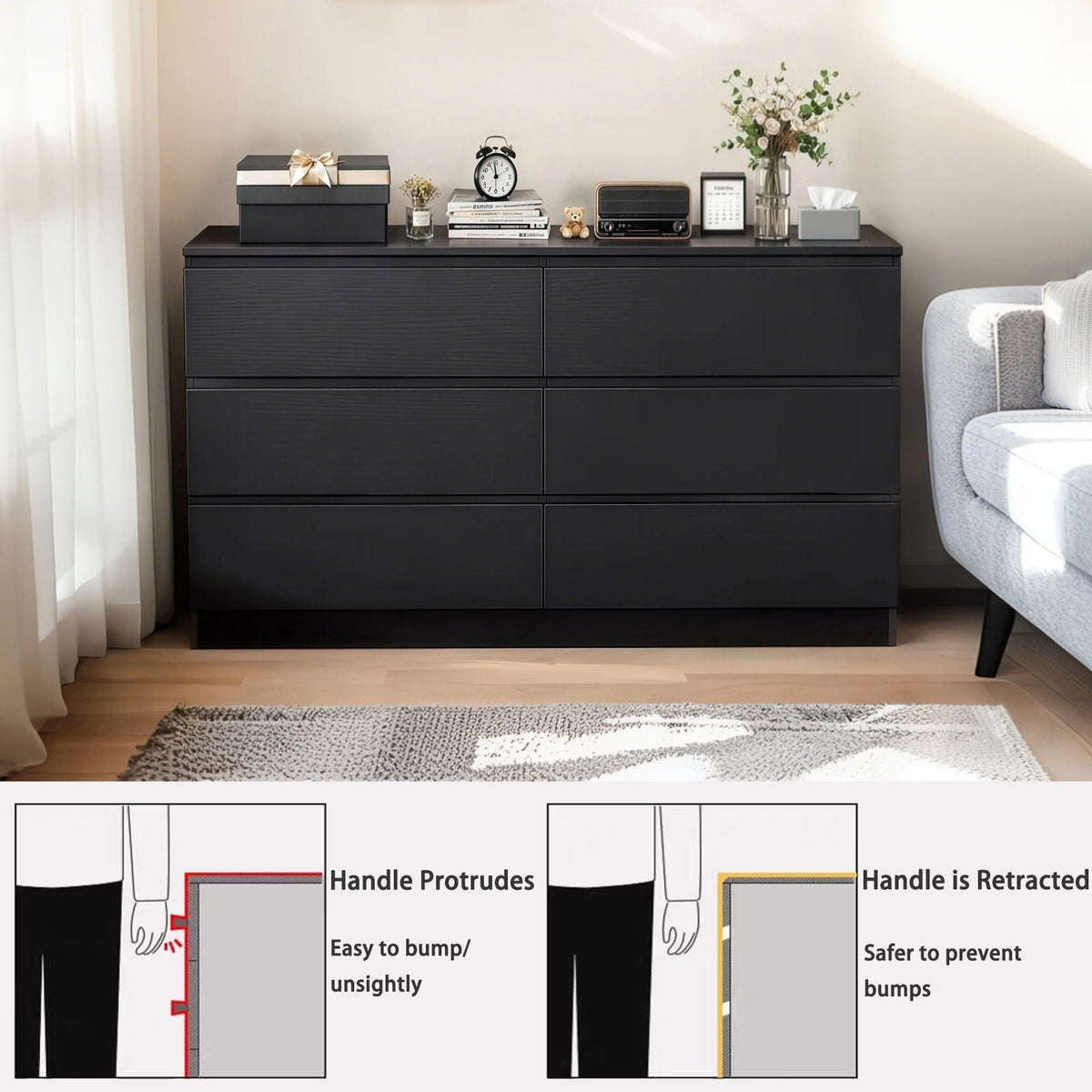 6 Drawer Dresser With Spacious Countertop And Concealed Handles