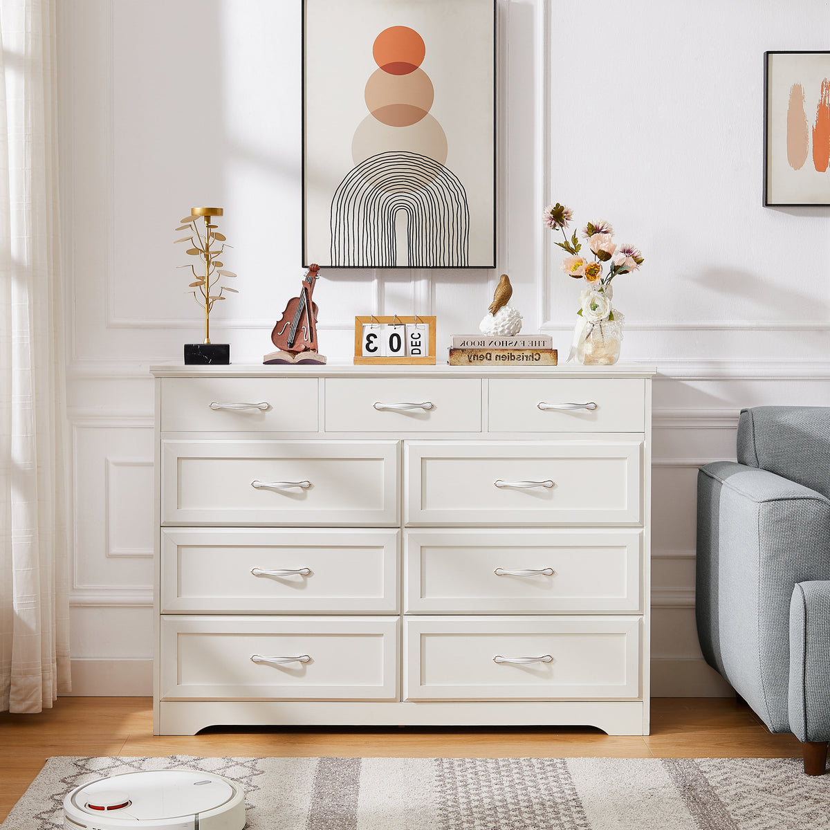 Bedroom dresser 9 drawer long dresser with antique handles wood chest of drawers for kids room 47.56''W x 15.75''D x 34.45''H