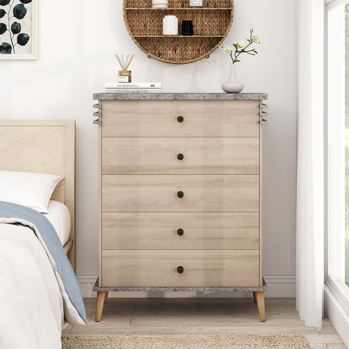 Farmhouse Chest Dresser of Drawers Tall Storage Organizer-Grey