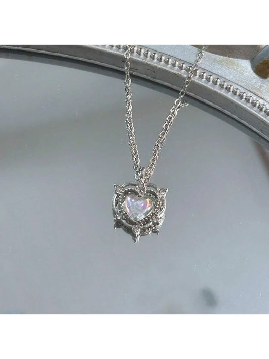 Opal & CZ Heart Pendant Necklaces